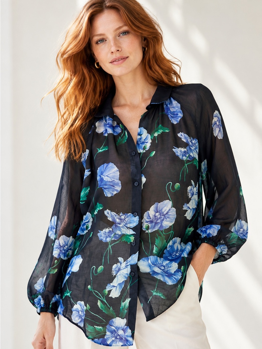 LAVI Couture Afrodite Ramie Floral Semi Sheer Blouse Made in Italy Sz Medium